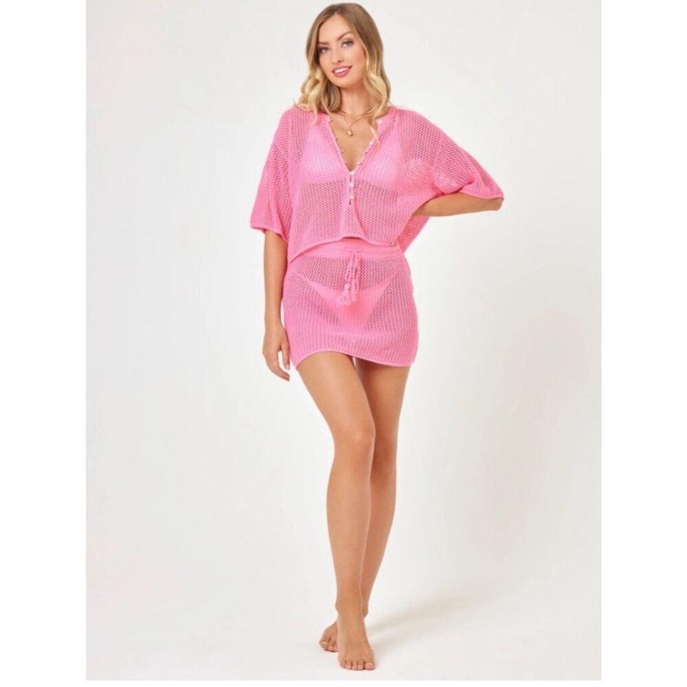 $99 l*space Coast is clear pink crochet beach coverup top NWT XL - Picture 2 of 14